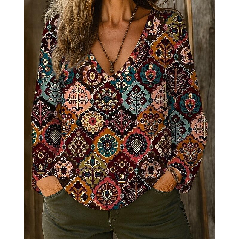 Women's T Shirt Floral Casual Long Sleeve V Neck Regular Tops Going out Weekend Print White Navy Blue Blue Green Khaki Fall4