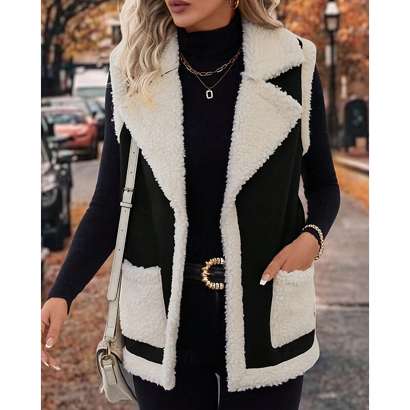 Women's Vest Warm Comfortable Patchwork Pocket Casual Color Block Outdoor Weekend Open Front Regular Turndown Regular Fit Sleeveless Outerwear Black Brown Fall Winter