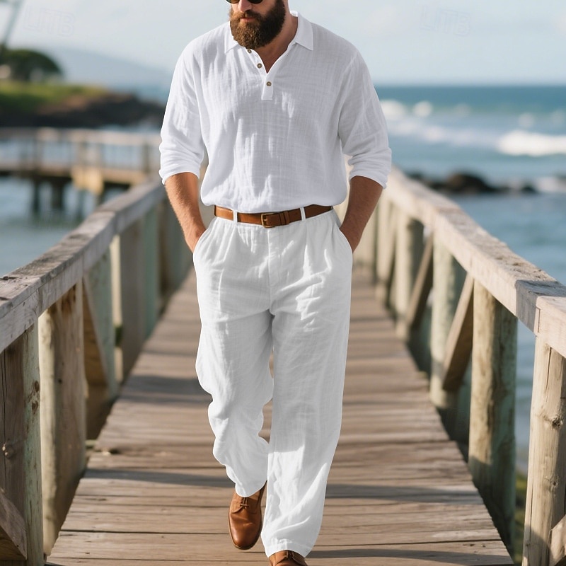 Men's Linen Set T-shirt Suits Shirt and Pant Sets 2 Pieces Outfits Long Sleeve Lapel Spring Fall Plain Fashion Casual 2 Piece Vacation Daily Wear Going out Black White Khaki Top Tee for Men2