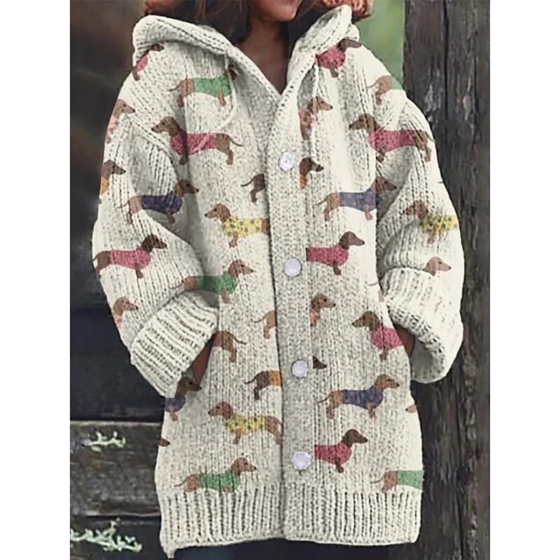 Women's Cardigan Vacation Daily Graphic Animal Ribbed Hooded Knitted Print Front Pocket Long Sleeve Regular Tops Knit Outdoor Daily Holiday Black White Fall Winter3