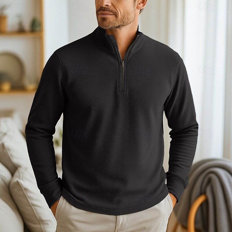 Men's Waffle Polo Shirts Vacation Work Quarter Zip Long Sleeve Fashion Modern Solid Color Knitted Spring &  Fall White Black Dark Grey Light Blue Waffle Polo Shirts4