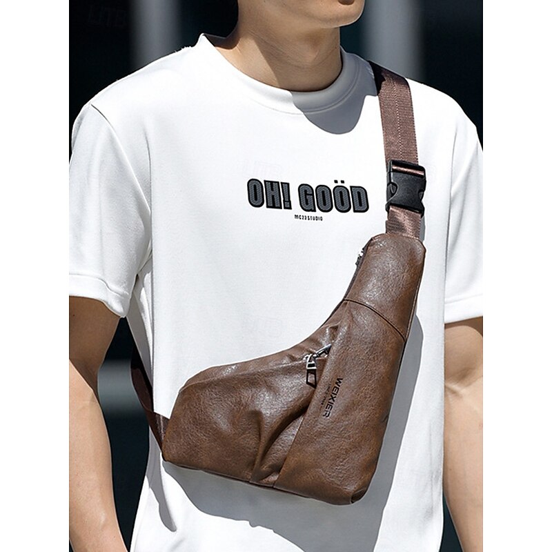 Men's Brown Faux Leather Crossbody Sling Bag – Vintage Chest Shoulder Pack with Adjustable Strap and Multiple Zipper Pockets for Travel, Outdoor and Daily Casual Wear2