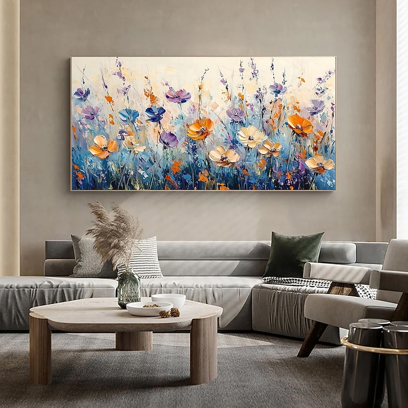 Handmade Original Colorful Flowers Oil Painting On Canvas Wall Abstract Floral Painting for Home Decor With Stretched Frame/Without Inner Frame Painting