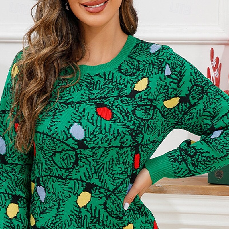 Women's Sweater Pullover Casual Christmas Light Ribbed Crew Neck Knitted Print Long Sleeve Regular Tops Knit Christmas Daily Holiday Green Winter2