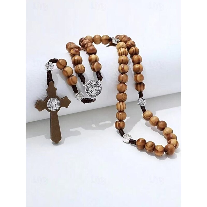 Men's Wooden Rosary Necklace with Saint Benedict Medal and Crucifix – Catholic Prayer Beads for Religious Worship, Spiritual Reflection and Daily Devotion4