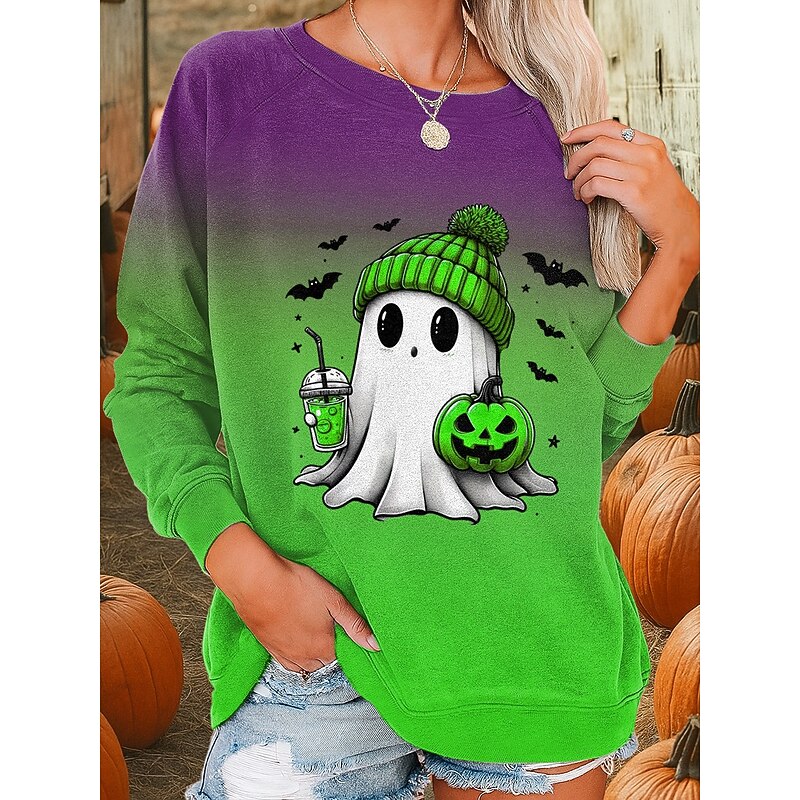 Halloween Women's Sweatshirts Ghost Graphic Fashion Casual Long Sleeve Crew Neck Regular Tops Street Dailywear Casual Print Blue Purple Orange Green Fall Winter2