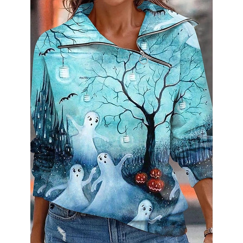 Halloween Women's Sweatshirts Casual Long Sleeve High Neck Regular Tops Dailywear Casual Yellow Blue Orange Dark Blue Beige Fall Winter