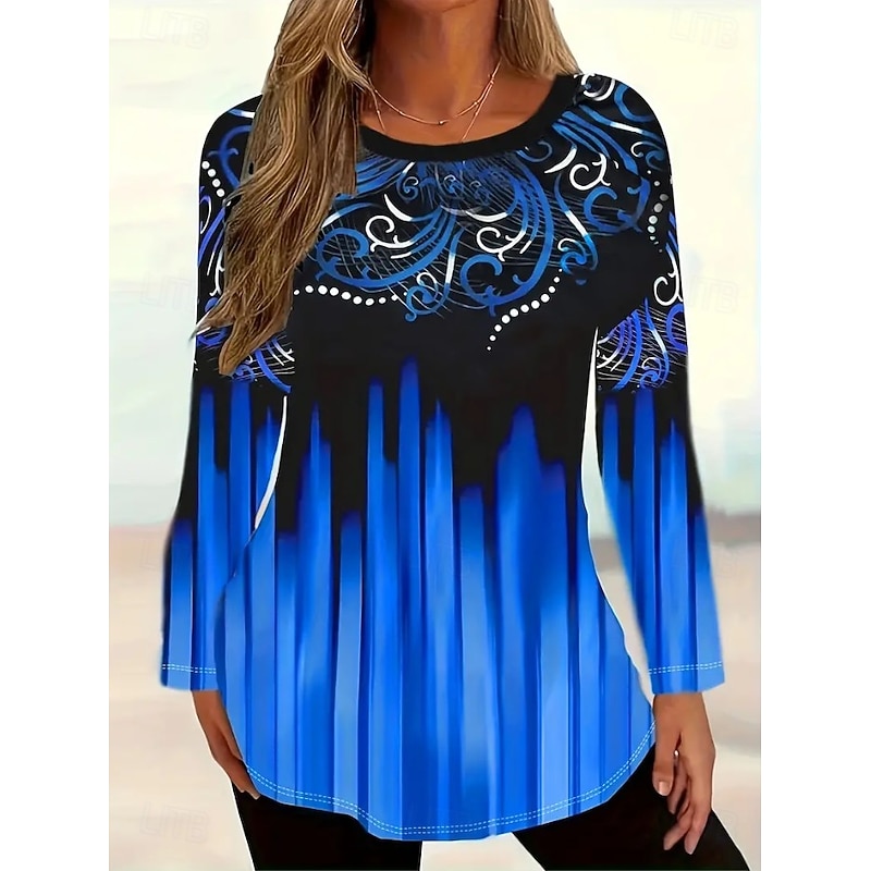 Women's T shirt Long Sleeve Graphic Geometric Striped Vintage Fashion Stylish Long Sleeve Crew Neck Round Neck Regular Tops Daily Print Black Blue Purple  Spring Fall Prefall