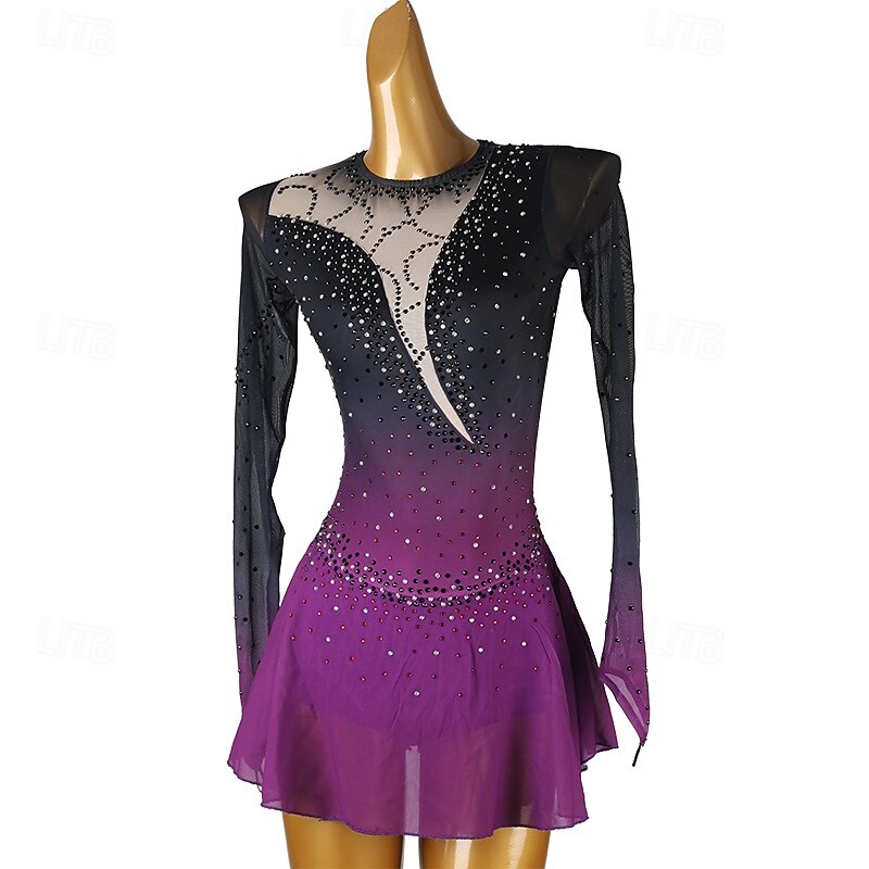 Figure Skating Dress Women's Girls' Ice Skating Dress Purple Patchwork Open Back Mesh Spandex High Elasticity Training Practice Professional Skating Wear Classic Crystal / Rhinestone Long Sleeve Ice3