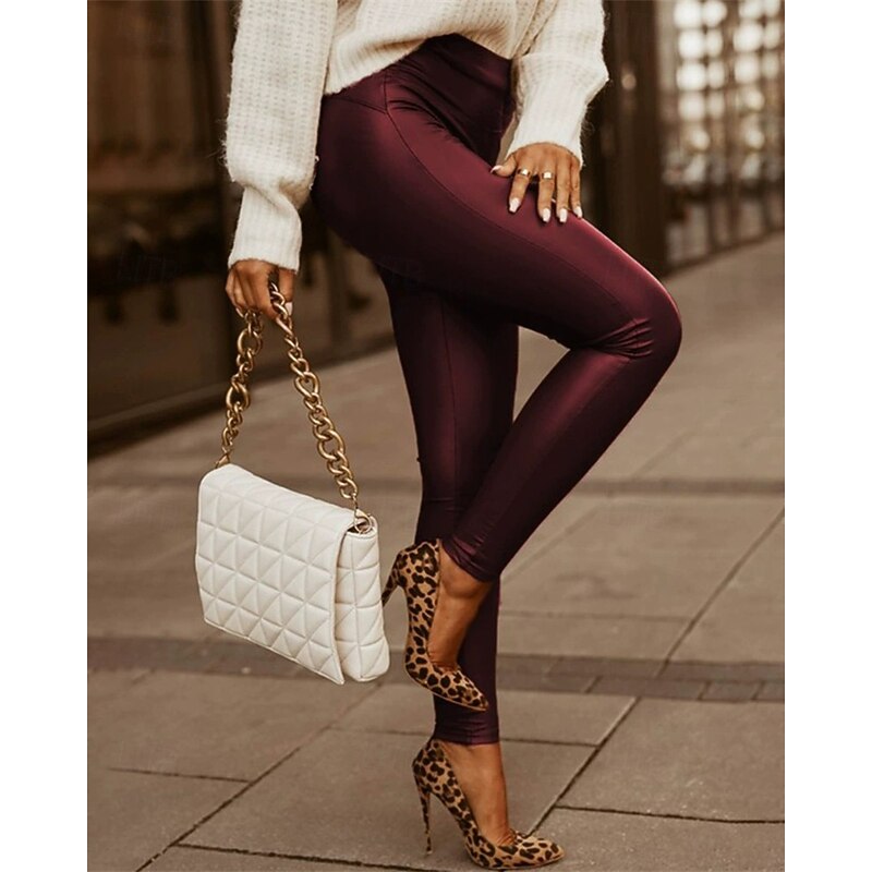 Women's Slim Slacks Streetwear Casual Full Length High Rise Plain Elastic Waist Comfortable Street Holiday Daily Wear Black Wine Khaki Fall Regular Fit4