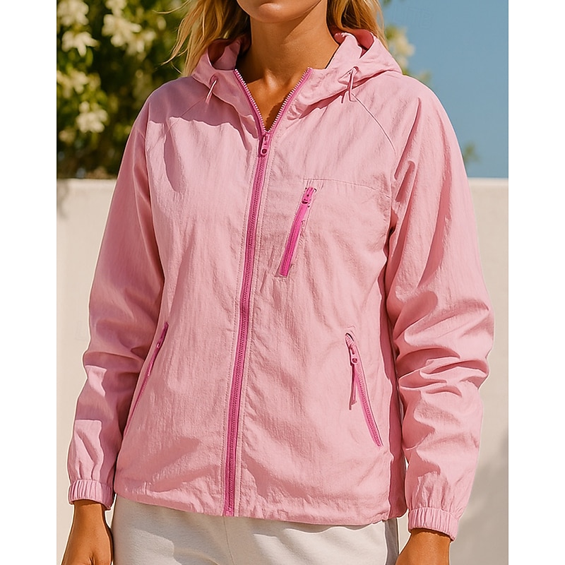 Women's Hooded Jacket Sport Jacket Zip Up Pocket Long Sleeve Top Athleisure Fall Solid Colored Sun Protection Lightweight Outdoor Travel Sports Sportswear Activewear Black White Pink
