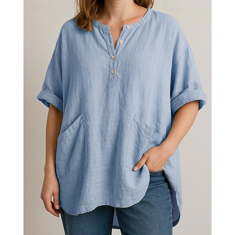 Women's Shirt Blouse Plain Modern Casual 3/4 Length Sleeve V Neck Regular Tops Daily Going out Pocket Asymmetric Hem Yellow Sky Blue Purple Khaki Fall2