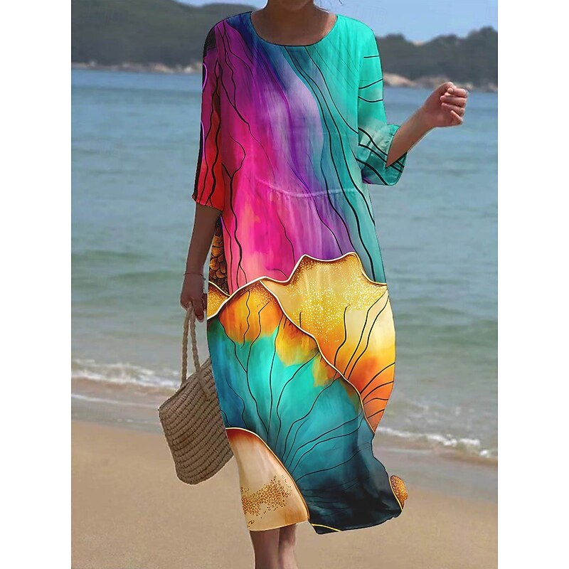 Women's Maxi Dress Kaftan 3/4 Length Sleeve Crew Neck Casual Shift Dress Dress Boho Daily Holiday Date Graphic Abstract Yellow Purple Green Spring2