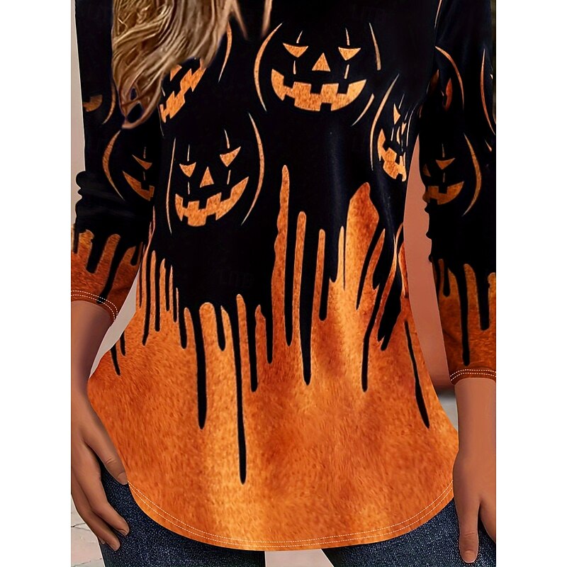 Halloween Women's T shirt Pumpkin Ombre Graphic Vintage Stylish Classic Long Sleeve Crew Neck Regular Tops Daily Print Orange Fall Winter3