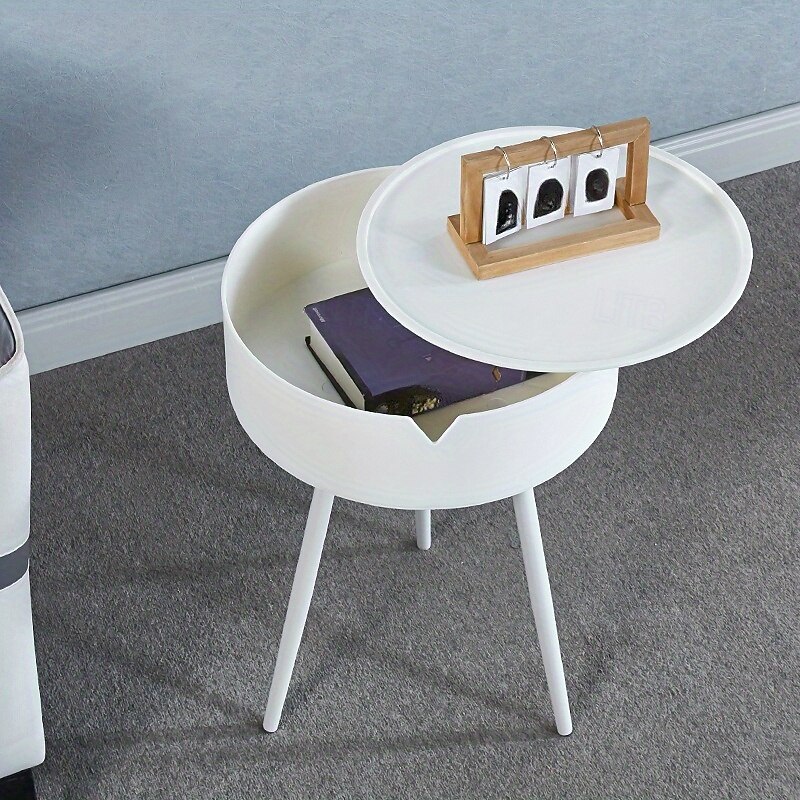 Casual Style Flip Top Side Table with Storage Plastic Round End Coffee Table Modern Bedside Accent Table with Leg Base for Living Room, Bedroom, Office