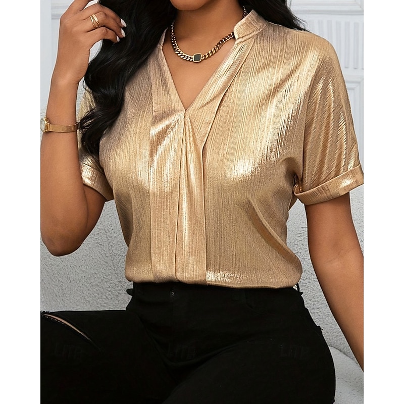 Women's Shirt Velvet Elegant Dressy Plain Stylish Modern Short Sleeve V Neck Regular Tops Holiday Going out Gold Fall3