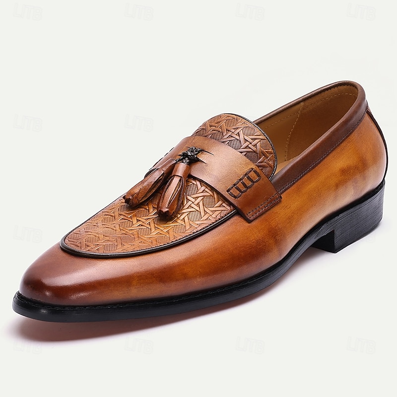 Men's Tan Leather Tassel Loafers – Vintage Slip-On Dress Shoes with Embossed Pattern for Business, Evening Party and Wedding2