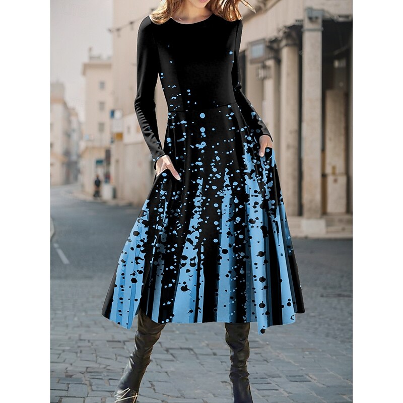 Women's Midi Dress A Line Dress Fit And Flare Dress Casual Daily Regular Fit Graphic Geometric Long Sleeve Crew Neck White Red Blue Purple Fall Winter4