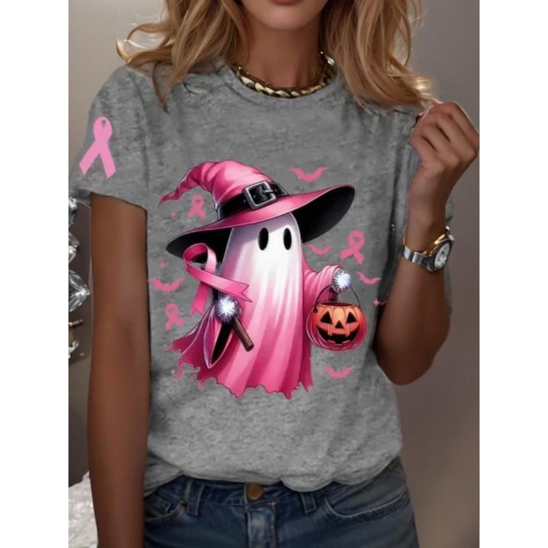 Halloween Women's T shirt Witch Graphic Ghost Vintage Stylish Classic Short Sleeve Crew Neck Round Neck Regular Tops Daily Weekend Print Black White Gray Summer Spring Fall4
