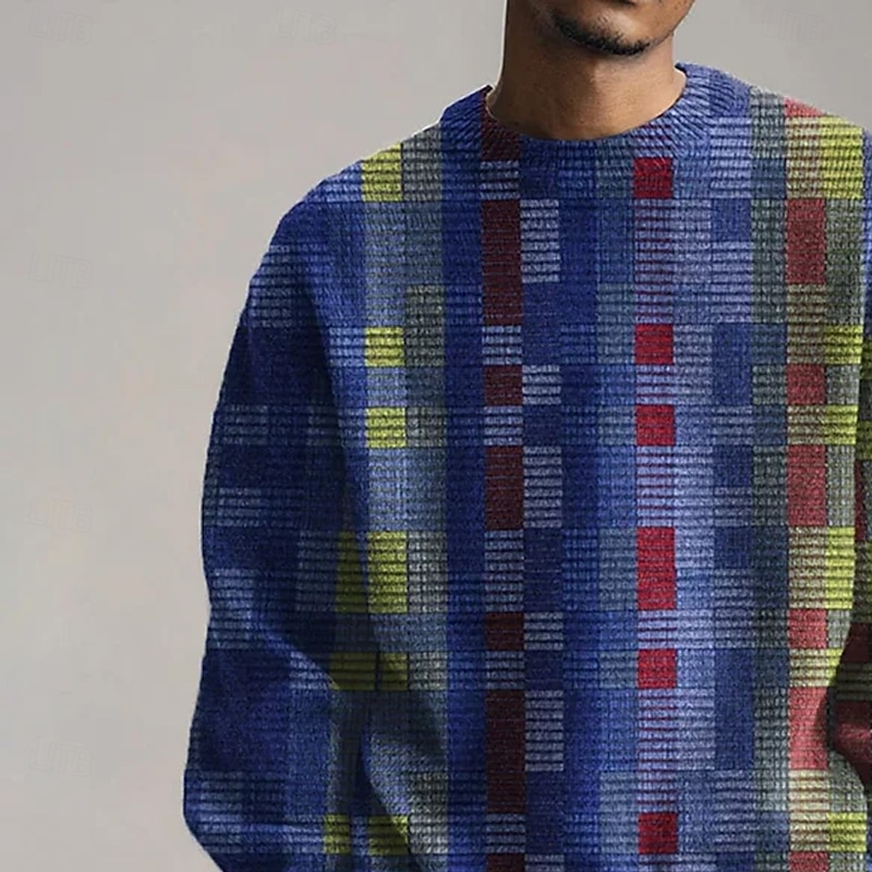Men's Geometric Color Block Pullover Sweater Jumper Knitwear Crewneck Casual Vacation Street Daily 3D Print Knitting Keep Warm Long Sleeve Spring Fall Winter Black Blue3