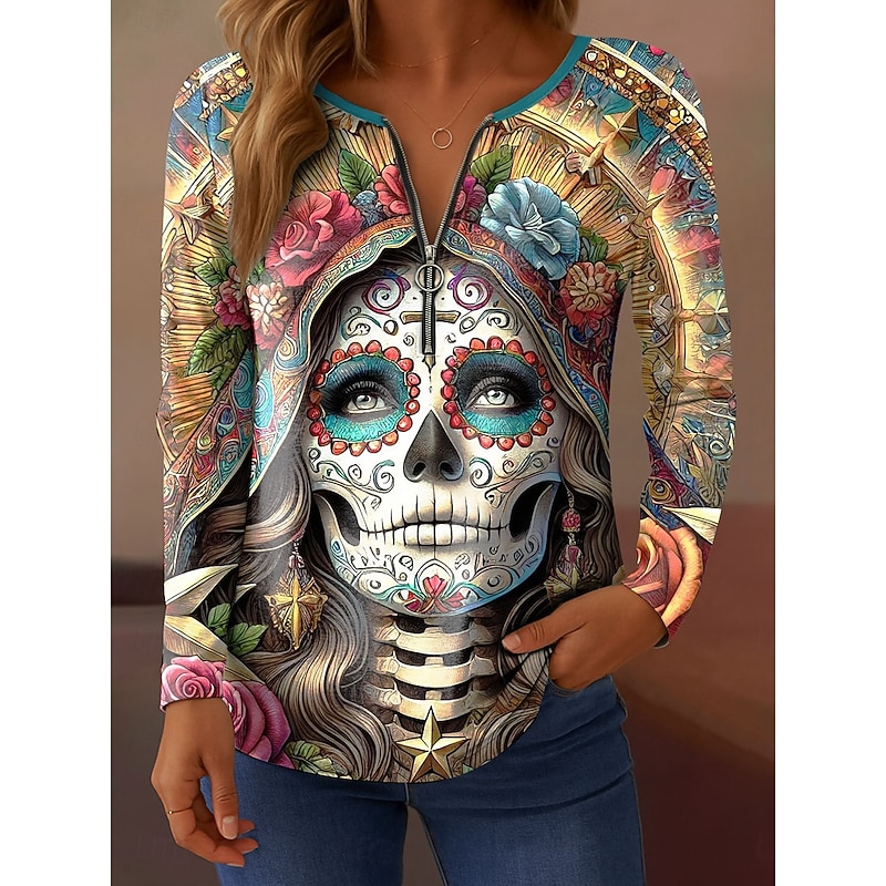 Halloween Women's T Shirt Skulls Graphic Vintage Stylish Casual Long Sleeve Round Neck Regular Tops Daily Weekend Zipper Print Yellow Pink Blue Gray Fall Winter