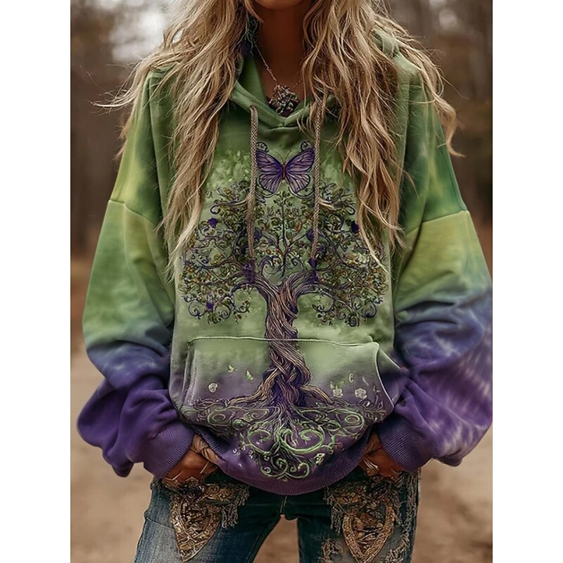 Women's Hoodies Graphic Vintage Daily Casual Long Sleeve V Neck Regular Tops Tribal Tree Of Life Vintage Designer Basic Print Vacation Street Going out Daily Holiday Print Green Fall Winter