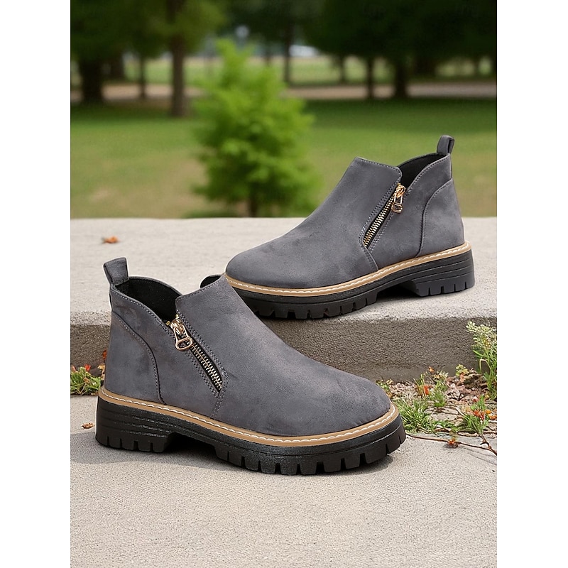 Women's Gray Faux Suede Ankle Boots – Side Zip Closure, Non-Slip Lug Sole, Stylish Fall & Winter Streetwear4
