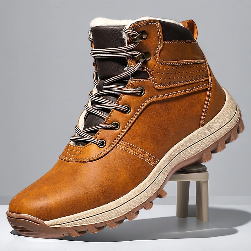 Men's Classic Tan Faux Leather Lace-Up Work Boots – Durable Outdoor Safety Ankle Boots for Construction, Hiking and Daily Wear