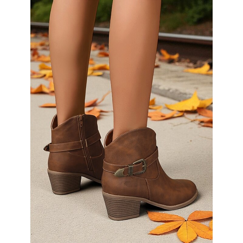 Women's Brown Faux Leather Block Heel Western Ankle Boots – Side Zip & Buckle Strap, Casual & Country Concert Footwear4