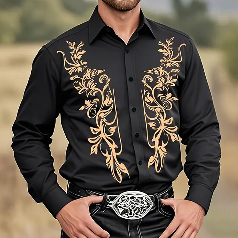 Men's Floral Print Ethnic Flowers Shirt Western Shirt Cowboy Shirt Long Sleeve Vintage Retro Outdoor Vacation Spring Fall Turndown 3D Print Linen Like Shirt Black Grey Black Green Black Black+Blue