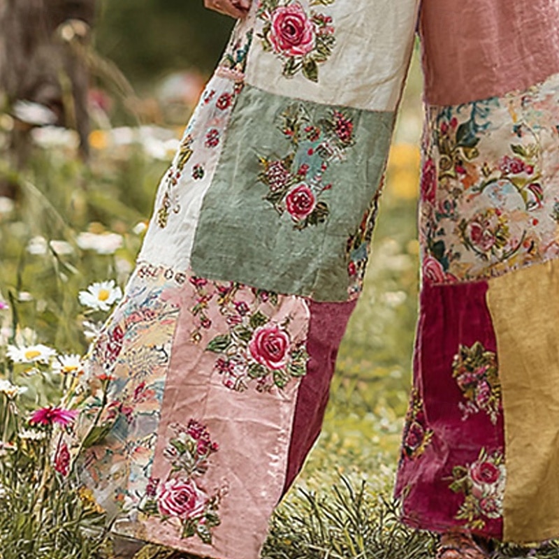 Women's Wide Leg Pants Trousers Palazzo Pants Fashion Boho Full Length High Waist Color Block Flower Drawstring Elastic Waist Print Breathability Comfortable Street Daily Wear Going out Pink Spring3