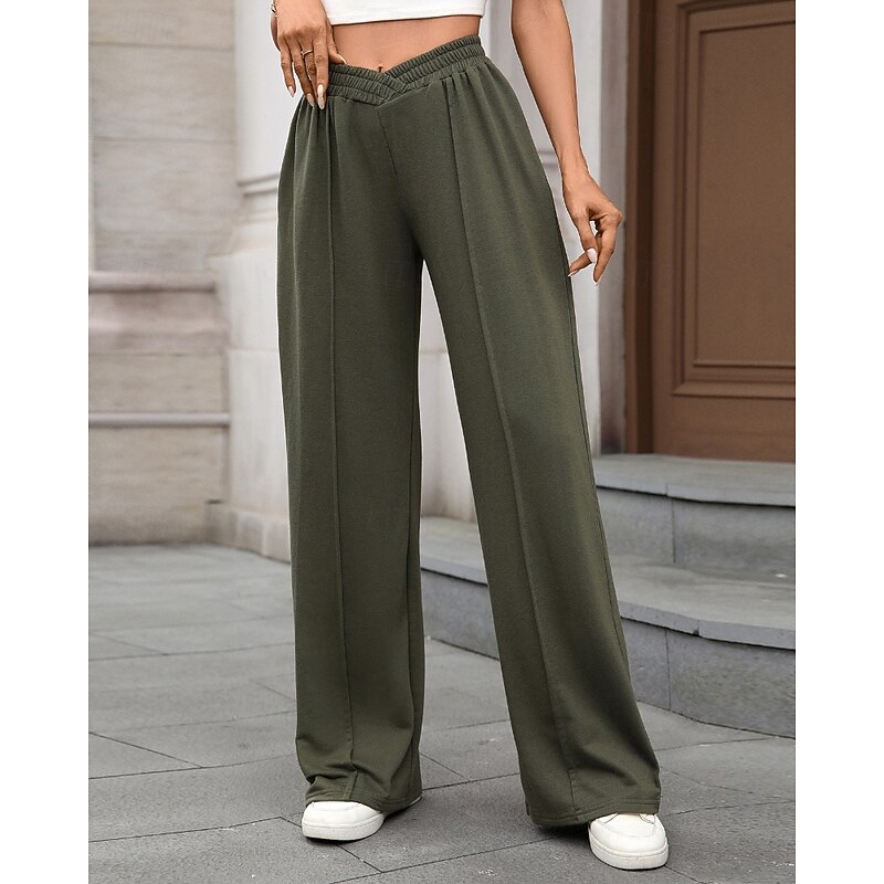 Women's Slacks Straight Streetwear Casual Full Length Natural Plain Pocket Elastic Waist Comfortable Street Holiday Weekend claret Navy Black Army Green Fall Regular Fit2