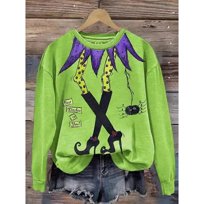 Halloween Women's Pullover Sweatshirt Witch Graphic Fashion Casual Long Sleeve Crew Neck Round Neck Regular Tops Street Dailywear Casual Print Blue Purple Orange Green Fall Winter3