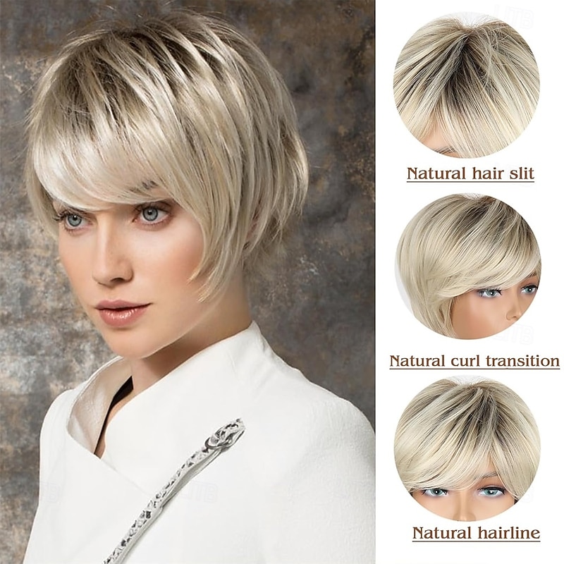 Short Hair Wigs for Women Blonde Wig with Bangs Pixie Cut Wig with Blonde Highlight Tousled Waves/Blended and Brown Rooted Shades(Shades of Blonde White and Brown)2