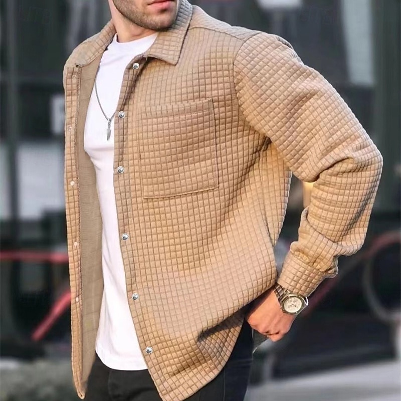Men's Waffle Shirt Shirt Jacket Winter Jacket Plain Vacation Daily Wear Black White Khaki Gray Long Sleeve Lapel Fall Winter Clothing Apparel Pocket
