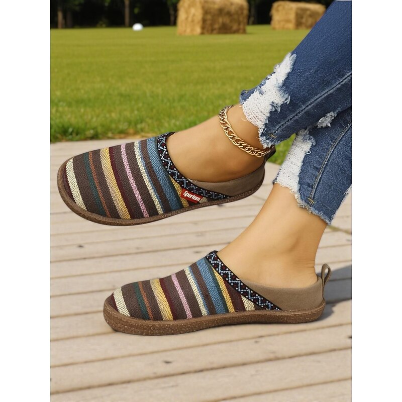 Women's Wide Fit Multicolor Striped Slip-On Mules – Casual Comfort Shoes with Cork Insole for Walking, Travel and Everyday Wear2