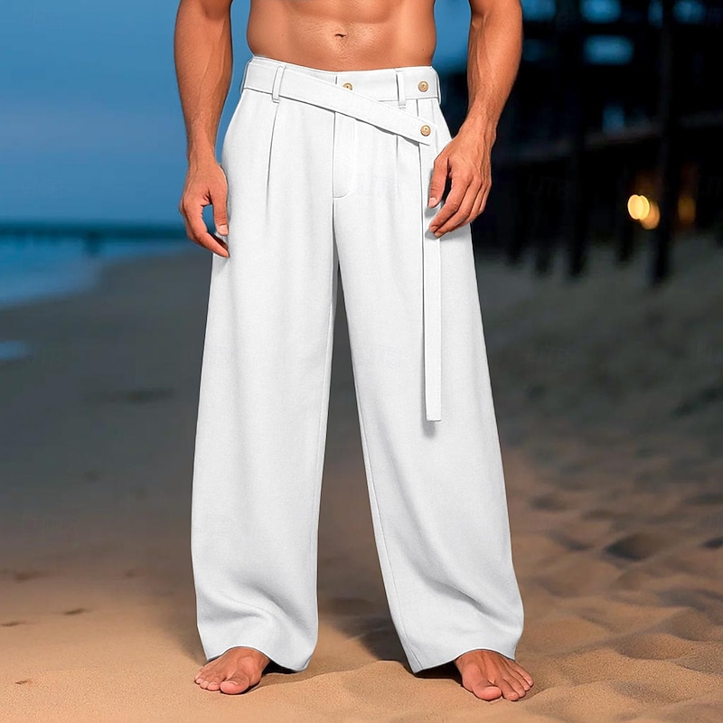 Men's Linen Pants Trousers Summer Pants Straight Leg Plain Comfort Breathable Full Length Casual Daily Holiday Vacation Fashion Black White Inelastic2