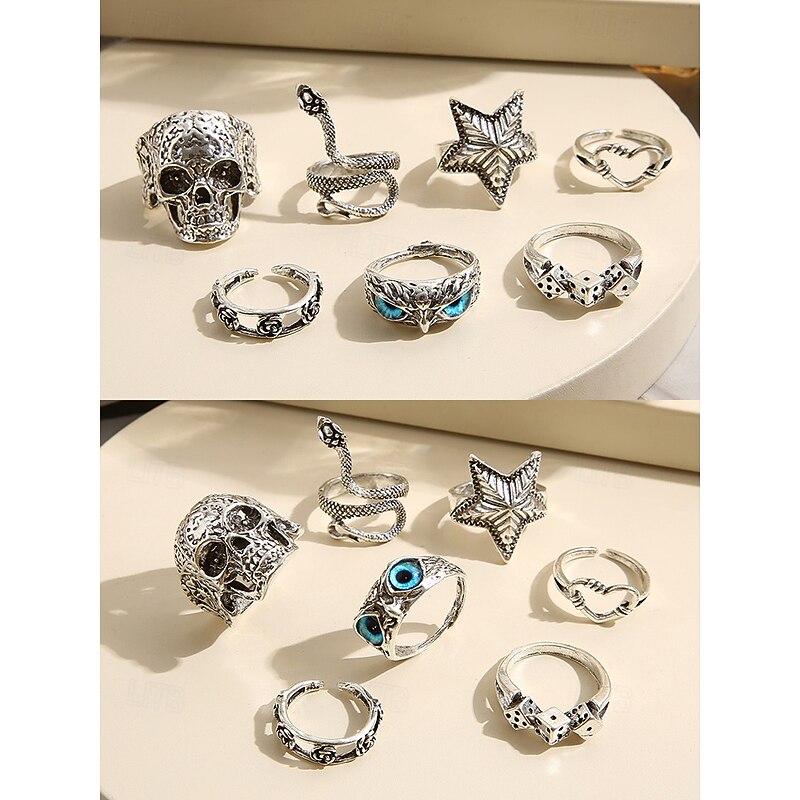 Women's Halloween Gothic Ring Set – Vintage Silver Skull Snake Star Dice Adjustable Rings for Party, Cosplay and Nightlife3