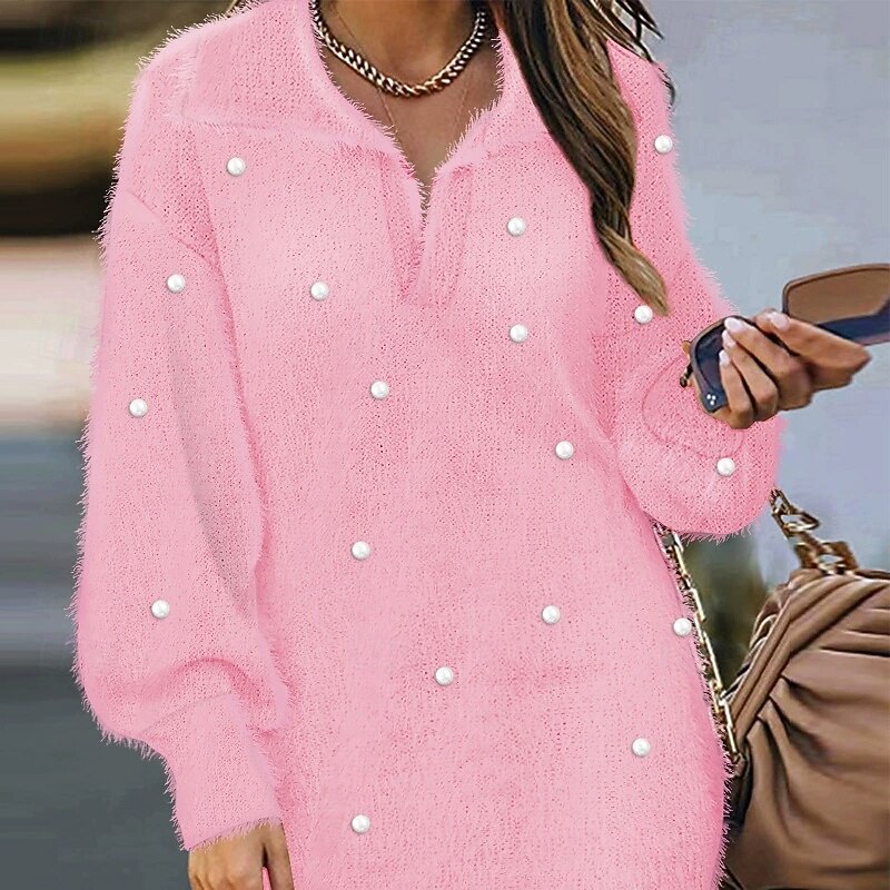 Women's Mini Dress Knit Dress Fashion Classic Modern Outdoor Vacation Holiday Regular Fit Plain Long Sleeve Shirt Collar White Pink Summer3