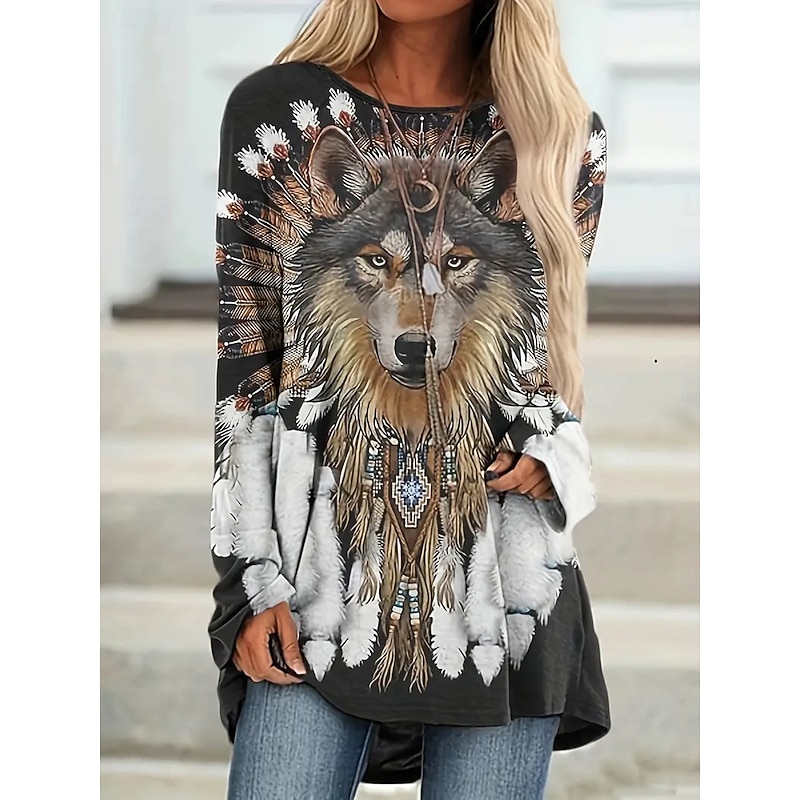 Women's T Shirt Graphic Animal Tribal Vintage Stylish Classic Long Sleeve Crew Neck Round Neck Long Tops Daily Print Black Brown Khaki Spring Fall2