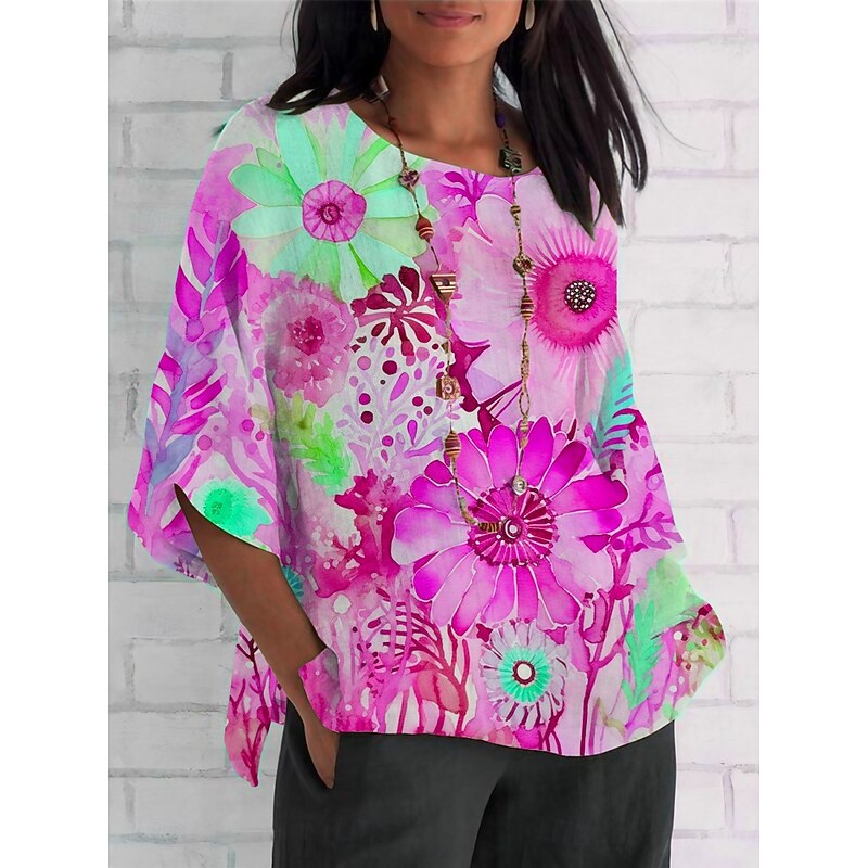 Women's Shirt Floral Daily Casual 3/4 Length Sleeve Crew Neck Regular Tops Daily Holiday Print Pink Blue Purple Fuchsia Summer Spring Fall4