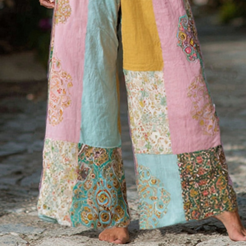 Women's Wide Leg Pants Trousers Palazzo Pants Vintage Boho Full Length High Waist Flower Elastic Waist Printing Breathability Comfortable Street Daily Wear Going out Pink Spring Fall Regular Fit3