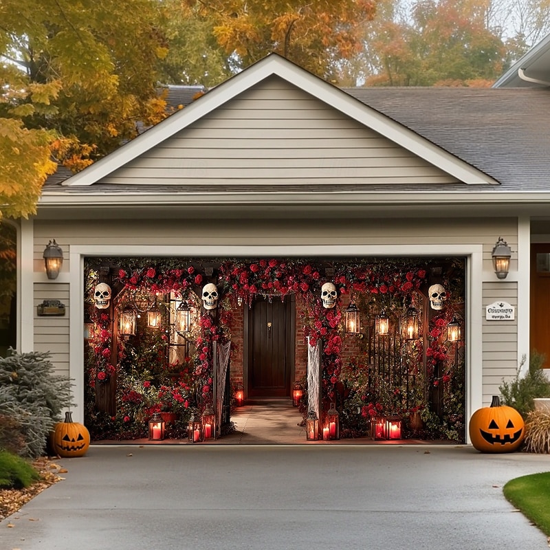 Halloween Garage Door Cover Large Hanging Backdrop Skeleton Cemetery Rose Dark Punk Gothic Style Party Outdoor Shooting Backgrounds Front Door Home Decor2