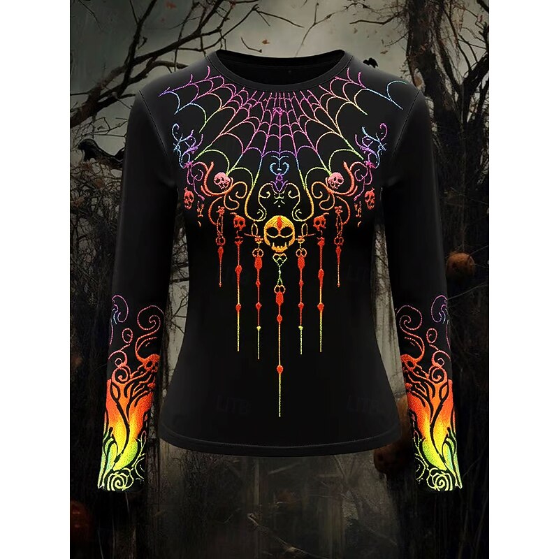 Halloween Women's T Shirt Graphic Skull Vintage Fashion Stylish Long Sleeve Crew Neck Regular Tops Daily Weekend Print Blue Purple Orange Green Spring Fall Winter