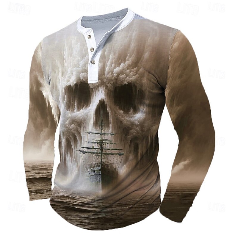 Halloween Men's Skull Cool Skulls T Shirt Henley Shirt Long Sleeve T shirt Henley Shirt Fashion Daily Basic Street Casual Daily Light Blue Green Khaki Summer Spring Clothing Apparel S M L XL 2XL 3XL2