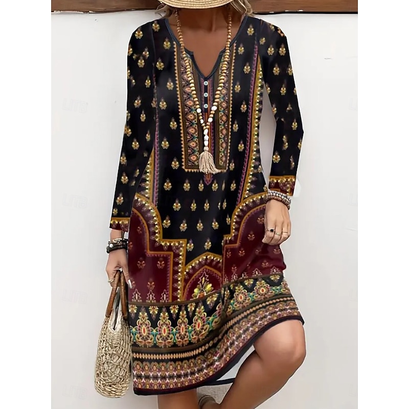 Women's Midi Dress Knit Dress Casual Dress A Line Dress Summer Dress Bohemia Vintage Regular Fit Floral Graphic Long Sleeve V Neck Black Spring Fall Winter2