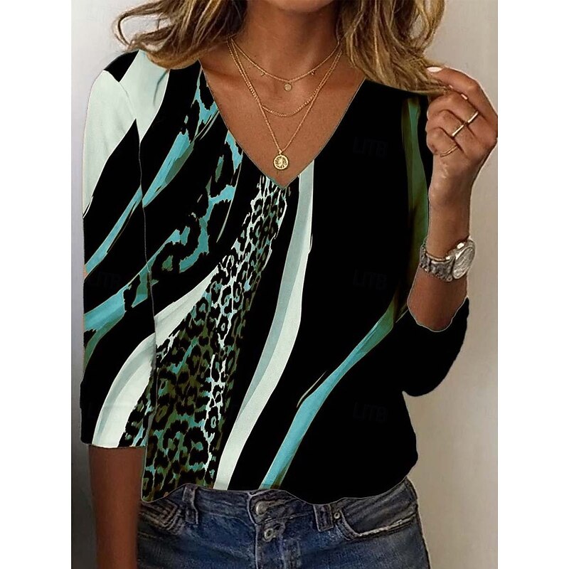 Women's Tunic T Shirt Leopard Color Block Letter Vintage Stylish Casual Long Sleeve V Neck Regular Tops Daily Sports Weekend Print Blue Purple Brown Green Fall2