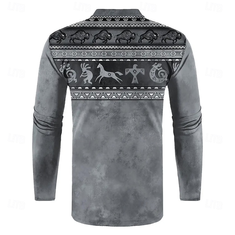 Men's Graphic Polo Long Sleeve Vintage Casual Daily Vacation Causal Zipper 3D Print Spring Fall Winter ash-colored2