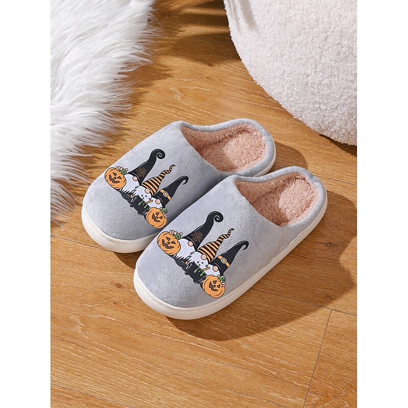 Women's Halloween Gnome Slippers with Plush Lining - Cozy Indoor House Shoes with Pumpkin and Witch Hat Print for Fall, Couples and Holiday Gifts4