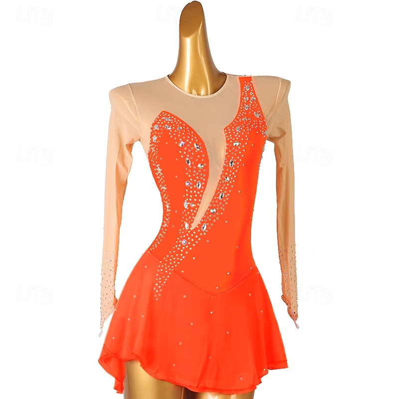 Figure Skating Dress Women's Girls' Ice Skating Dress Orange Rose Red Patchwork Open Back Mesh High Elasticity Training Competition Skating Wear Classic Crystal / Rhinestone Long Sleeve Ice Skating
